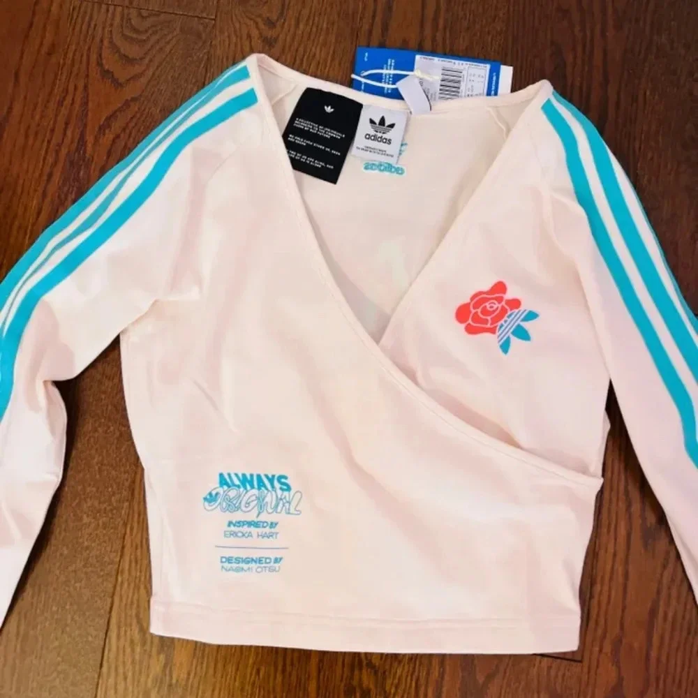 Adidas Long Sleeve Original Floral 3 Stripe Faux Wrap Top Sz XS - Picture 1 of 3